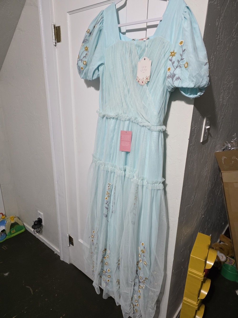 Ivy City Co Light Blue Pleated Chiffon Dress